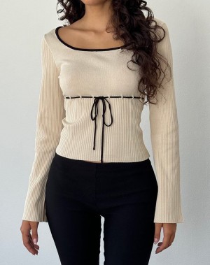 Beige Black Motel Rocks Juhye Knitted Long Sleeve Women's T Shirts | XHQ4390VL