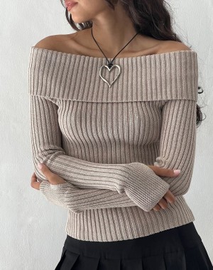 Beige Motel Rocks Circe Off-shoulder Long Sleeve Knit Top Women's Jumpers | IRB615DJ