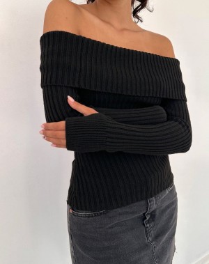 Black Motel Rocks Circe Off-shoulder Long Sleeve Knit Top Women's Jumpers | XAG2235PB