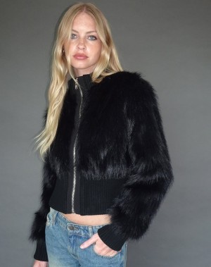 Black Motel Rocks Homari Shaggy Faux Fur Women's Jackets | SQO535TR