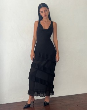 Black Motel Rocks Otna Ruffle Detail Chiffon Women's Maxi Dress | MEP5836EC