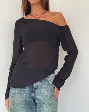 Black Motel Rocks Riot Asymmetric Longline Women's Blouse | UFO9264MS