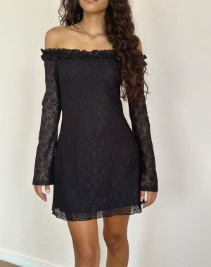 Black Motel Rocks Severine Bardot Lace Women's Mini Dress | OPW6191OJ