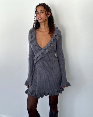 Dark Grey Motel Rocks Marianna Long Sleeve Knitted Women's Mini Dress | INC520FT