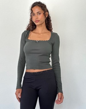 Green Grey Motel Rocks Bovita Long Sleeve Ribbed Women's T Shirts | OPC6048PP