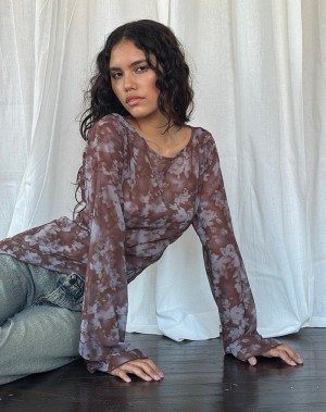 Grey Brown Motel Rocks Arcelia Long Sleeve Mesh Women's Blouse | CCM1690IT