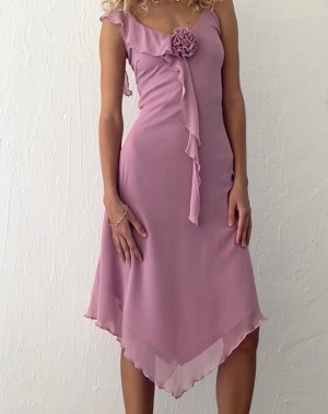 Light Purple Motel Rocks Jenani Rosette Ruffle Women's Midi Dress | XUG1345UD