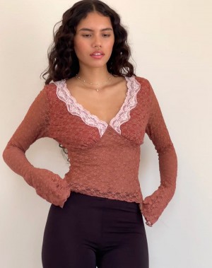 Orange Rose Motel Rocks Chantal Long Sleeve Lace Women's Blouse | IMR4537MU