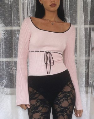 Pink Black Motel Rocks Juhye Knitted Long Sleeve Women's T Shirts | UVJ312QP