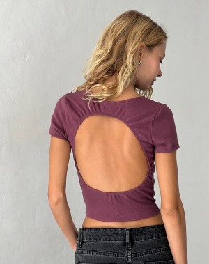 Purple Motel Rocks Elyto Ribbed Open Back Tee Women's T Shirts | SKI525BT