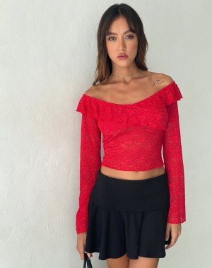 Red Motel Rocks Soka Bardot Frill Women's Cropped Tops | FJQ5511QU