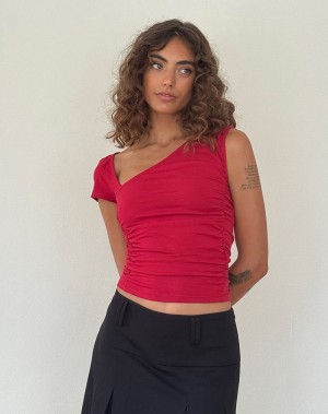 Red Motel Rocks Sunhee Slash Neck Women's Cropped Tops | OZI9693CP