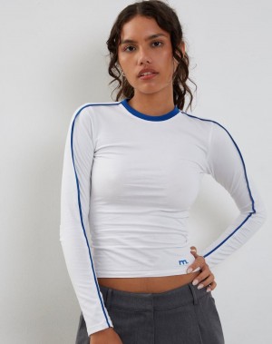 White Deep Blue Motel Rocks Bonija Long Sleeve Women's T Shirts | YOS1595HP