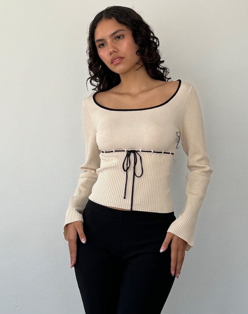 Beige Black Motel Rocks Juhye Knitted Long Sleeve Women's T Shirts | XHQ4390VL