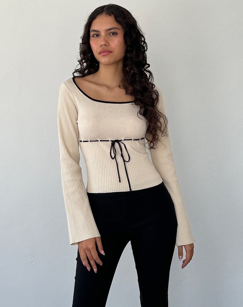 Beige Black Motel Rocks Juhye Knitted Long Sleeve Women's T Shirts | XHQ4390VL