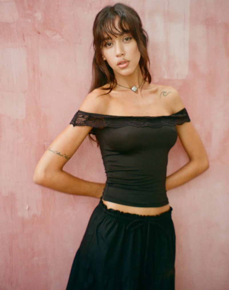 Black Motel Rocks Nesel Bardot Women's Cropped Tops | YXE9355KY