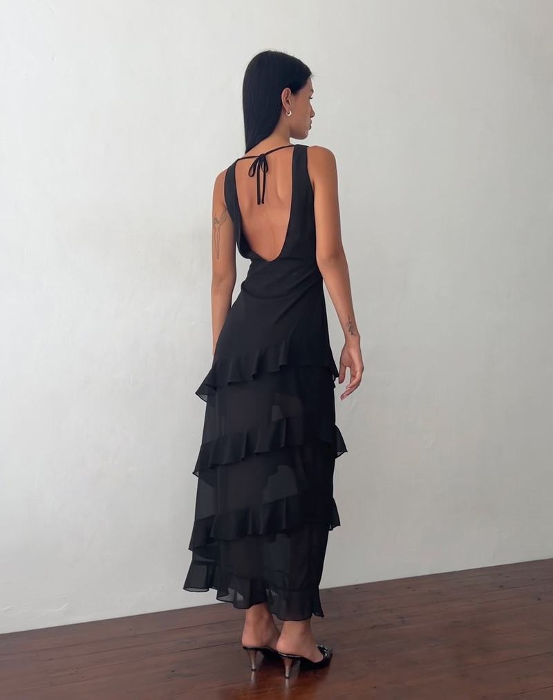 Black Motel Rocks Otna Ruffle Detail Chiffon Women's Maxi Dress | MEP5836EC