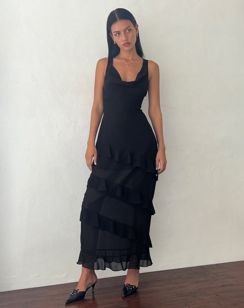 Black Motel Rocks Otna Ruffle Detail Chiffon Women\'s Maxi Dress | MEP5836EC