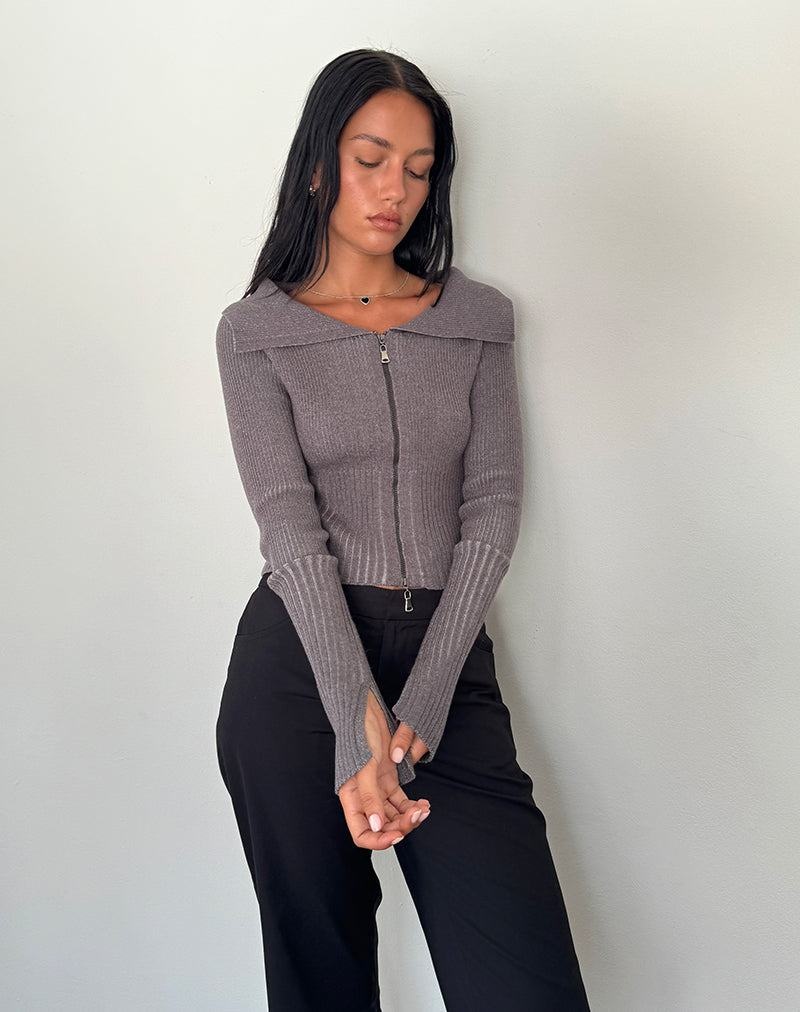 Dark Grey Motel Rocks Radia Long Sleeve Off-shoulder Zip Through Women's Jumpers | VAF660ZC