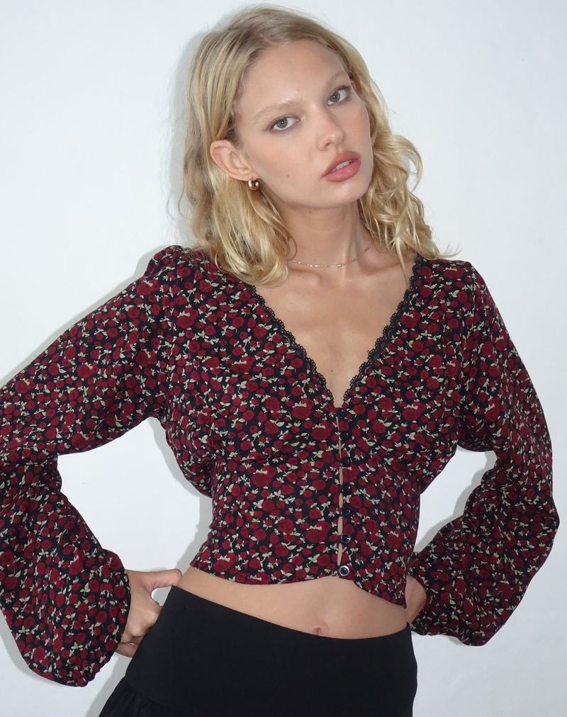 Dark Red Black Motel Rocks Rosani Long Sleeve Women's Blouse | WDS6518SL