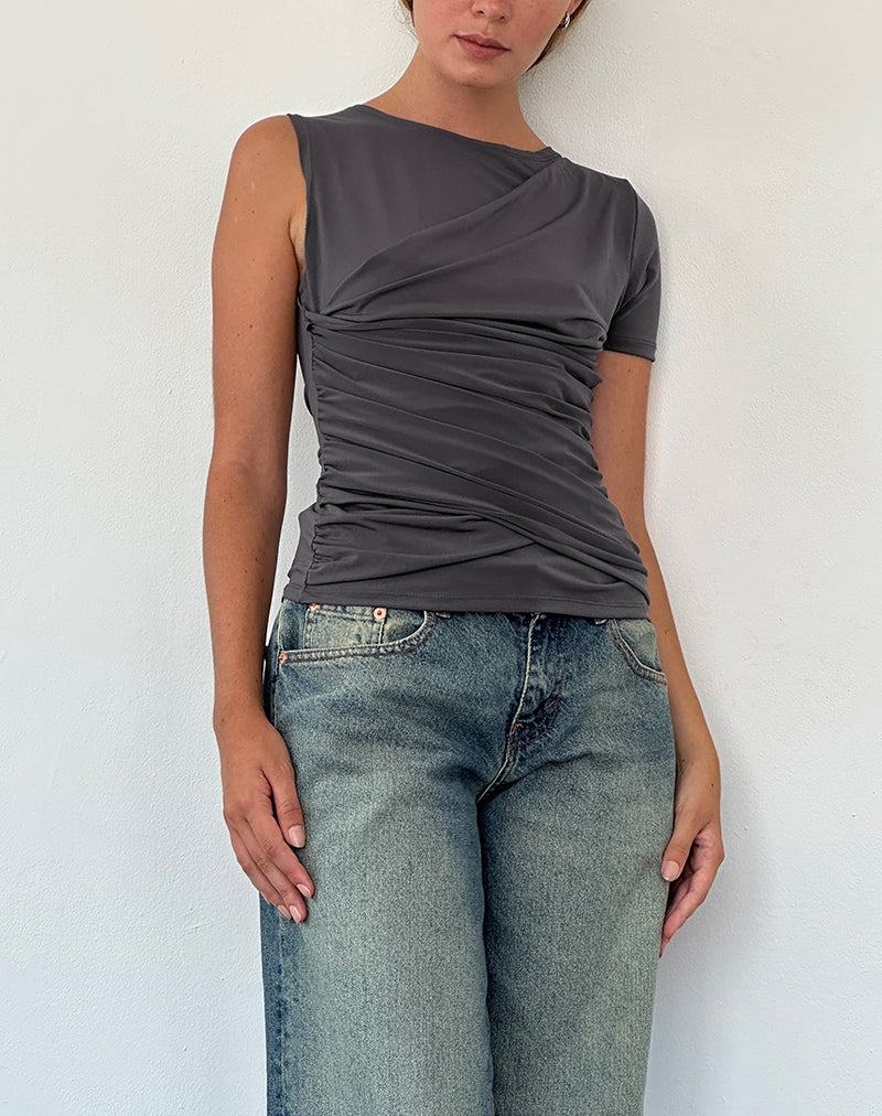 Grey Motel Rocks Zera Asymmetric Ruched Women's T Shirts | JDS9027UT