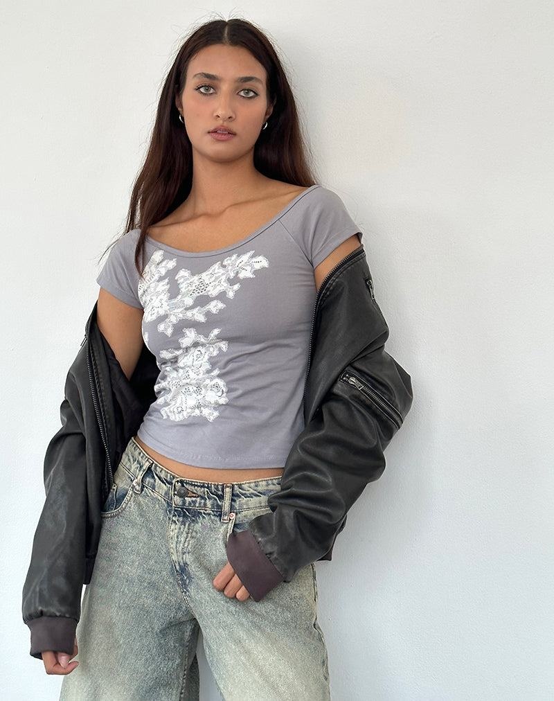 Grey White Motel Rocks Charya Off The Shoulder Women's T Shirts | ABF7116OY