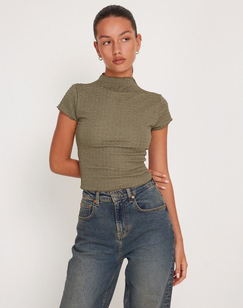 Khaki Motel Rocks Elton High Neck Women's T Shirts | LFY9469BL