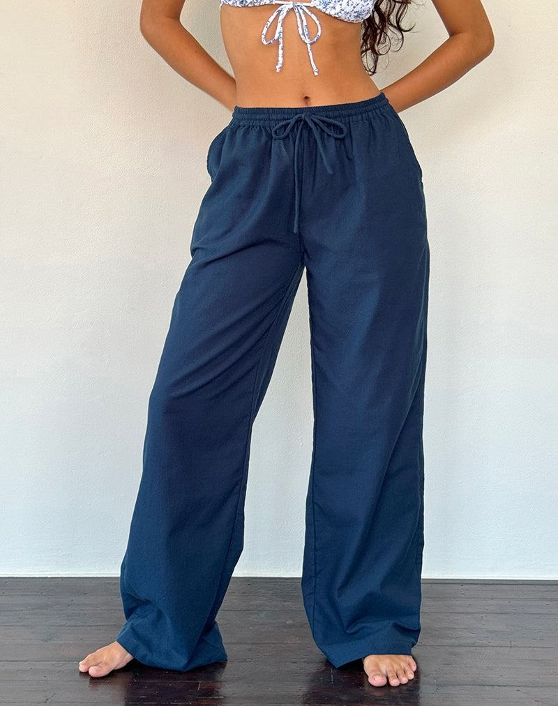 Navy Motel Rocks Wasic Wide Leg Linen Women's Trousers | VBK137DJ