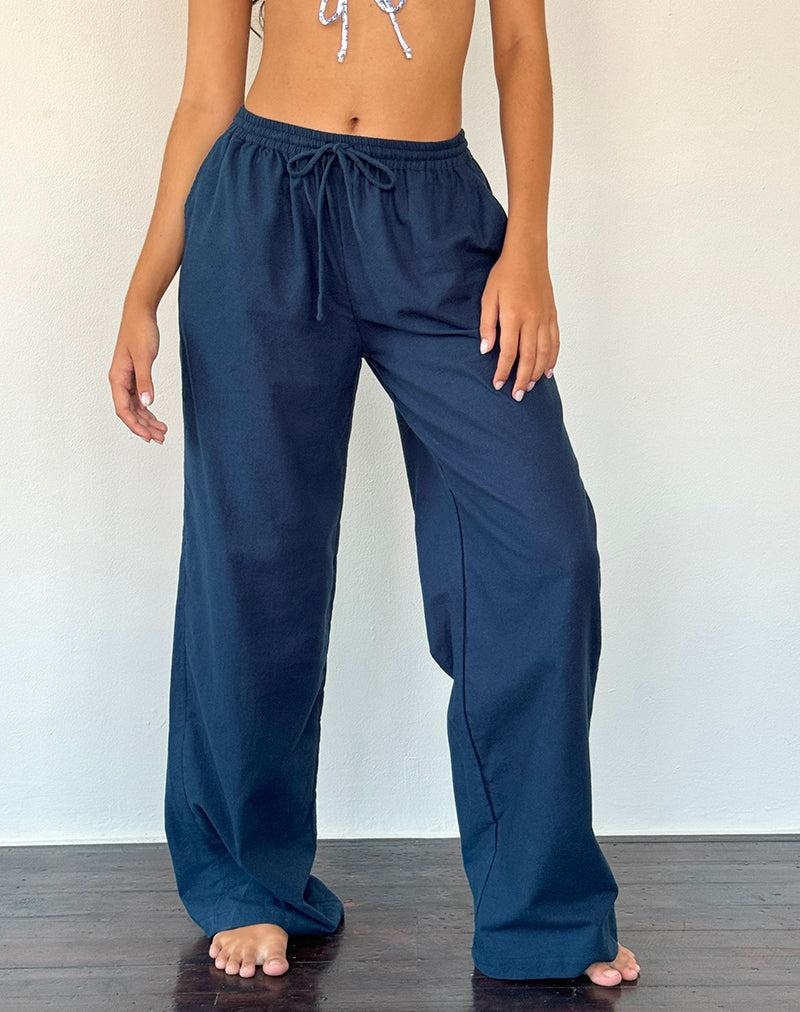 Navy Motel Rocks Wasic Wide Leg Linen Women's Trousers | VBK137DJ