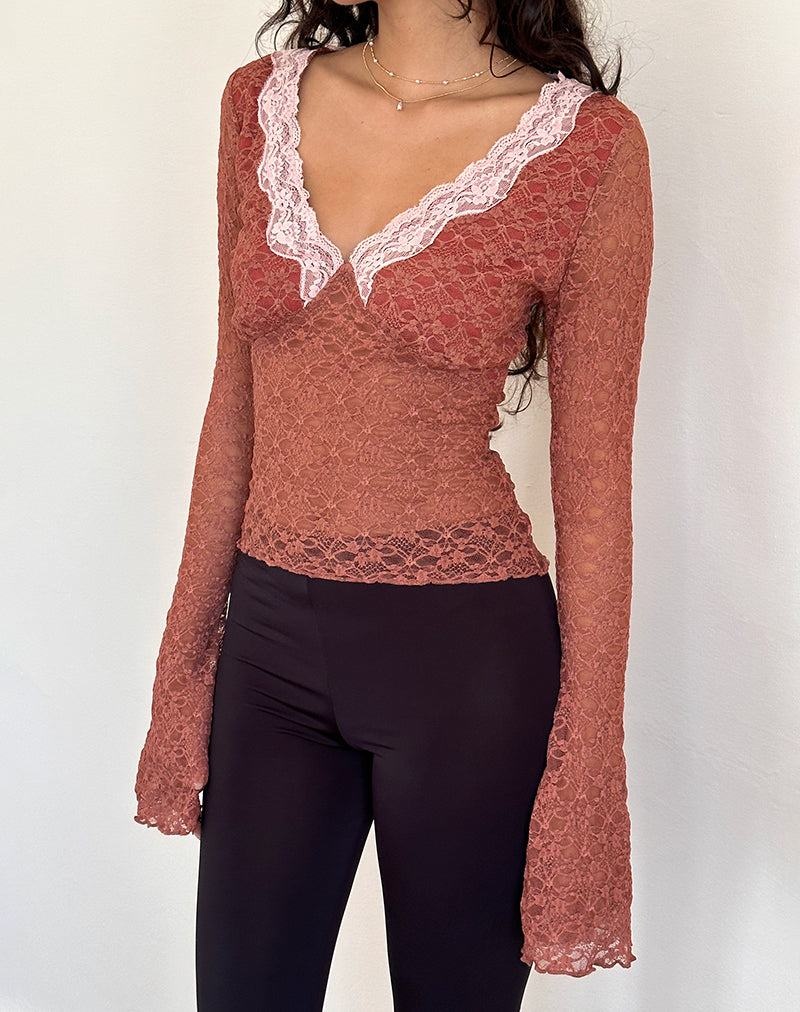 Orange Rose Motel Rocks Chantal Long Sleeve Lace Women's Blouse | IMR4537MU