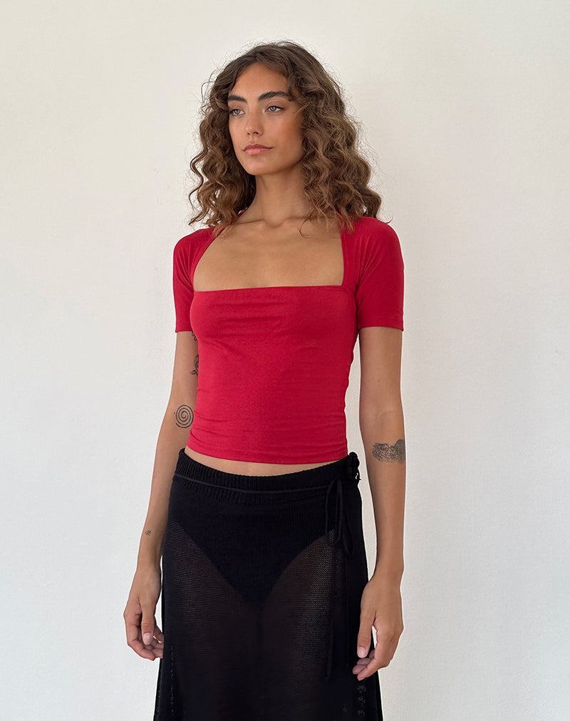 Red Motel Rocks Requa Short Sleeve Square Neck Women's Cropped Tops | NFD5487CW