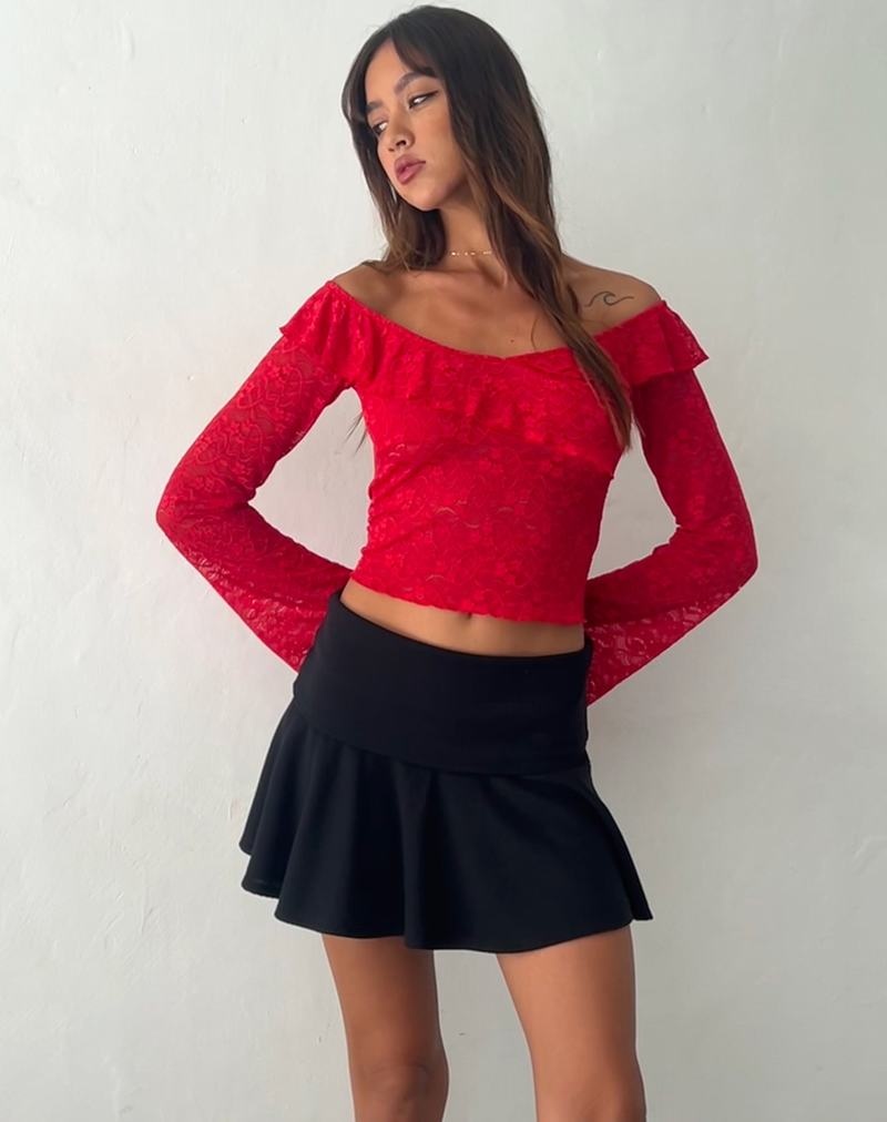 Red Motel Rocks Soka Bardot Frill Women's Cropped Tops | FJQ5511QU