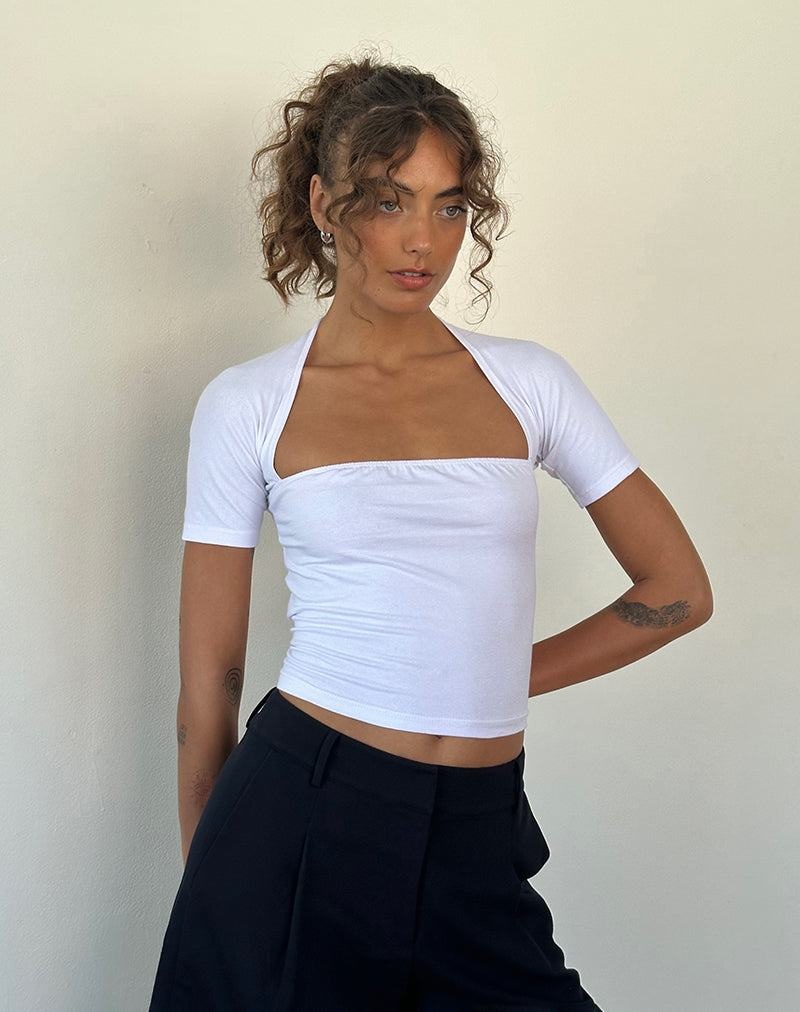 White Motel Rocks Requa Short Sleeve Square Neck Women's Cropped Tops | RFU8893HU